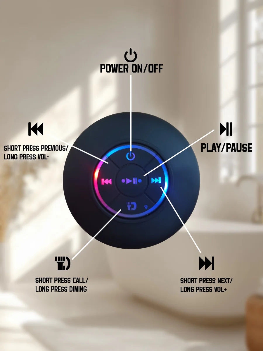 Waterproof Bluetooth Speaker with Colorful LED Lights, Strong Suction Cup & Phone Holder, Portable Mini Speaker for Outdoor/Show