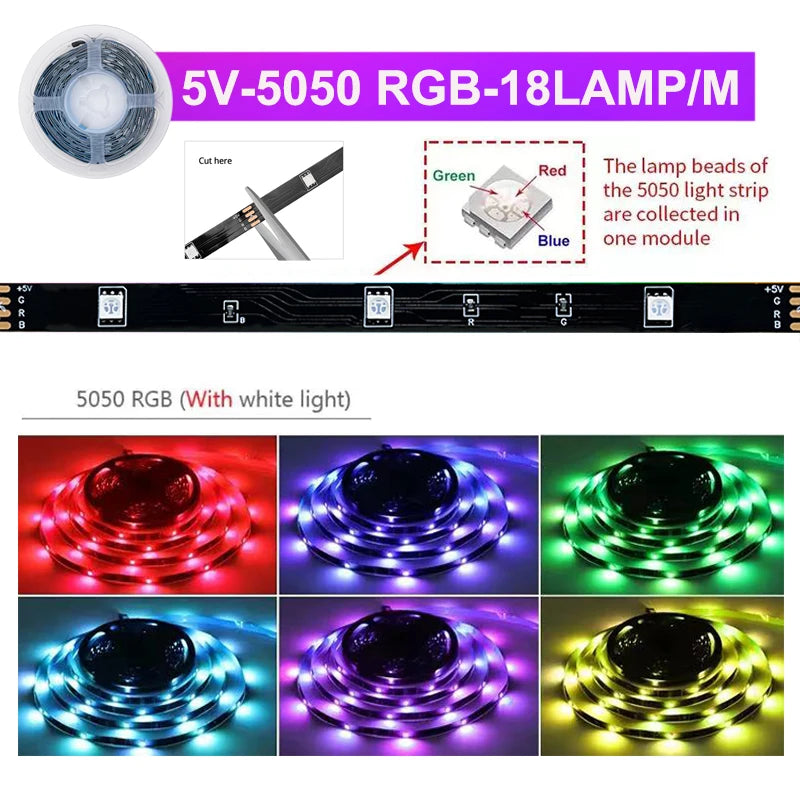 USB LED Strip Lights Color Changing 5050 RGB TV Backlight Flexible Lamp Tape For Room Decoration