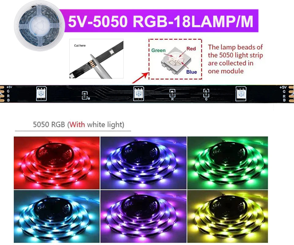 USB LED Strip Lights Color Changing 5050 RGB TV Backlight Flexible Lamp Tape For Room Decoration